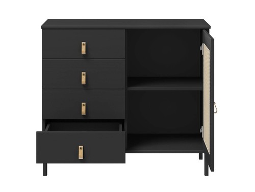 Sideboard Kommode Wohnzimmerschrank CINOY II Massivholz Kiefer schwarz Rattan - Bild 6 von 9
