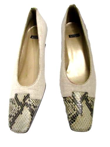 STUART WEITZMAN BEIGE LINEN FABRIC / SNAKE- REPTILE TRIM MULES HEELS PUMPS 9AA - Picture 6 of 14