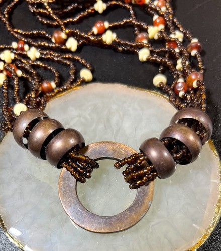 Vintage Multifilamento Vetro Marrone, Ambra & Osso Perline con Collana Anello in Bronzo - Foto 7 di 8