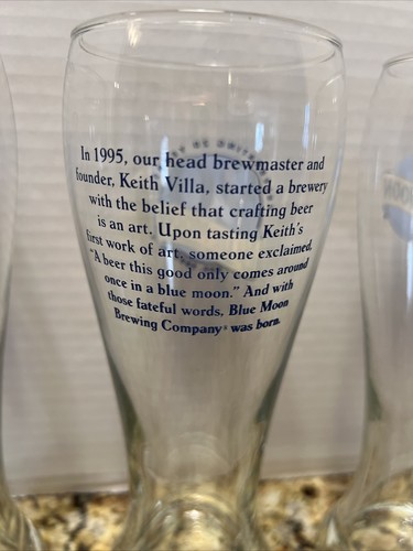 (4) Blue Moon Pilsner Beer 16oz 8” Tall Glasses - 2 are 20th Anniversary - Picture 5 of 7