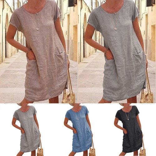 Womens Summer Cotton Linen Midi Dress Ladies Casual Loose Solid Pocket Dress US - Picture 5 of 18