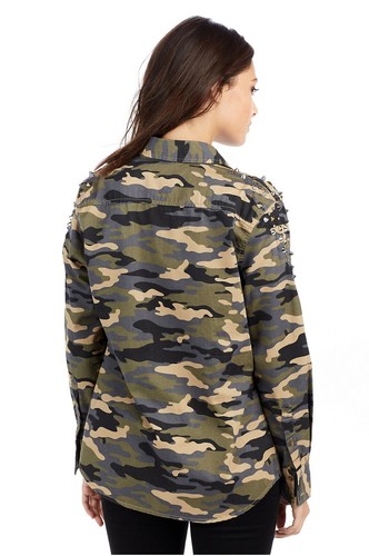 $ 159 authentisch selten TRUE RELIGION Damen Camouflage Knopfverschluss Freizeitshirt - Bild 4 von 6