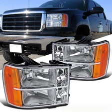 Fit 2007-2014 GMC Sierra 1500 2500HD Chrome Headlights Lamps Assembly Left+Right