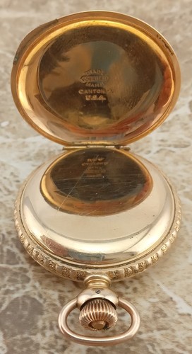 Belle montre de poche Hampden en or expédition 14 carats 7 bijoux entièrement gravée chasseur fob 1897