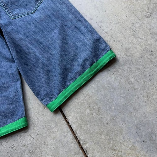 Vintage Y2K Style Green Embroidered Raw Blue Skater Baggy Long Jorts Jean Shorts - Picture 3 of 8