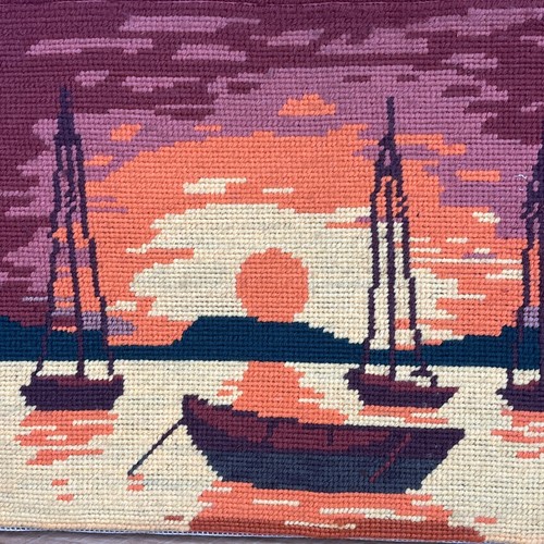 Vtg Completed Needlepoint Boats Ocean at Sun Set Rise on Wood Frame 14”x11” - Picture 1 of 7