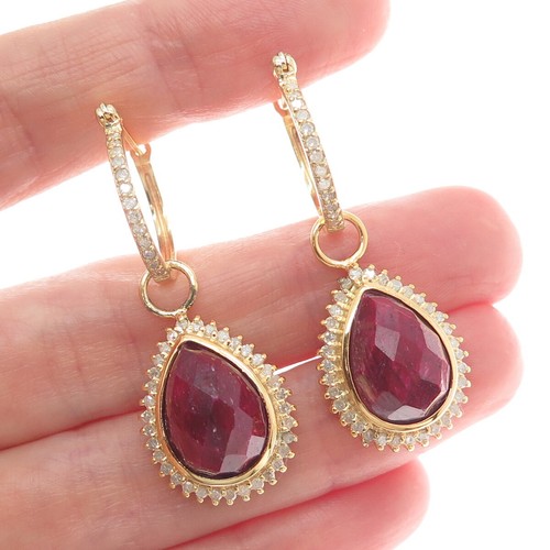 925 Sterling Silver Gold Plated SMK Real Diamond & Ruby Gem Hoop Dangle Earrings - Picture 1 of 8