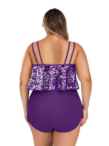 Women Bottom Boyshorts Swimsuit Plus Size Tops Sequins Tankini Tummy Control - Picture 60 of 75