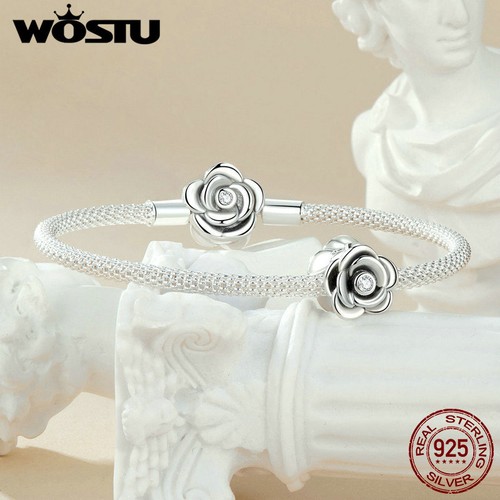 WOSTU Women 925 Sterling Silver 3D Rose carvings Bead Charm Fit Bracelet Gifts - Bild 3 von 13