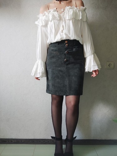 Vintage Rehli Tracht Suede Skirt M Green Embroidered Pencil Austria 90s - Size M - Picture 2 of 19