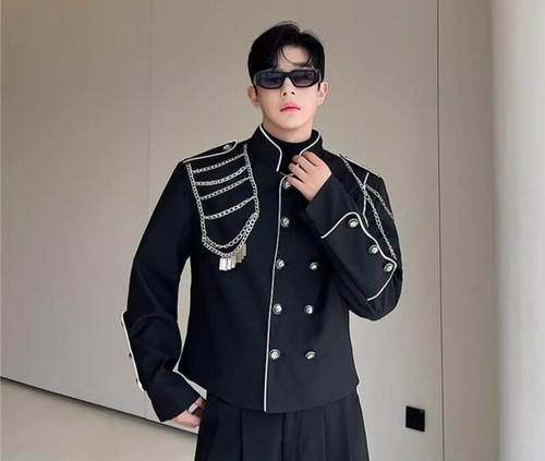 Herren Herbst Mode Ständer Kragen Langarm Metall Kette Dekor Party Jacken - Bild 8 von 12