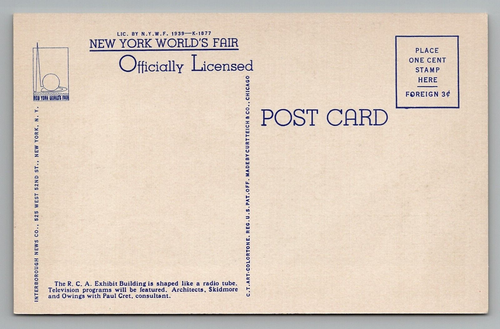 New York Weltausstellung 1939 R.C.A. Ausstellungsgebäude unbespielt Leinen Postkarte - Bild 2 von 2