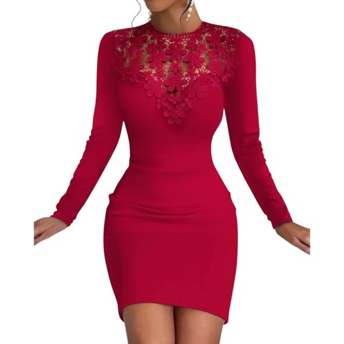 Women's Black Floral Lace Bodycon Mini Dress Long Sleeve Elegant Party Clubwear - Picture 8 of 8