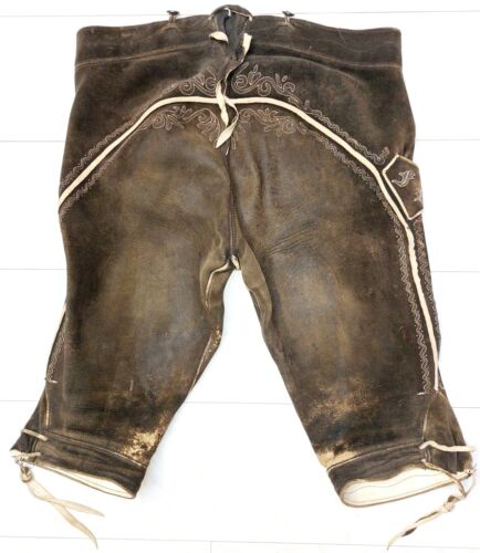 Alte Kniebund Hirschleder Hose Größe 52 untersetzt braun Relief weiß bestickt - Picture 6 of 11