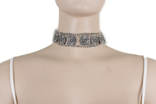 Damen Boho Silber Metall Fowler Charms 70's Modeschmuck Halsband - Photo 6/12