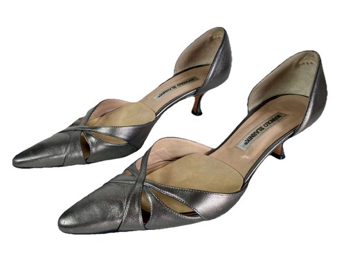Manolo Blahnik Gun Metal Silver Leather Kitten Heel Cut-out Pumps Size 38 Italy