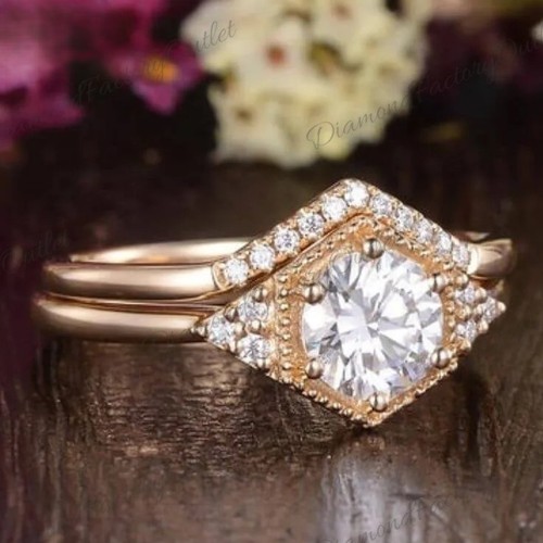 2.30Ct Round Cut Moissanite Bridal Set Engagement Ring 14K Yellow Gold Plated - Picture 2 of 13
