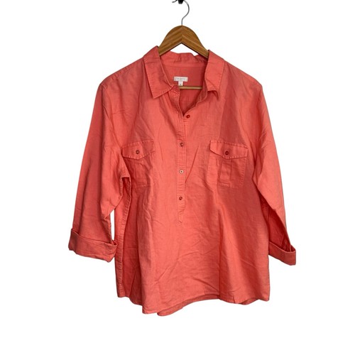 Talbots Womens Top XL Coral 1/4 Button Up Tab Sleeve Linen Collar Travel Coastal - Picture 1 of 10
