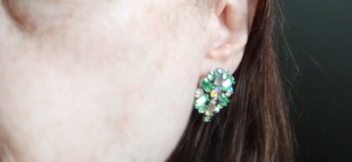 Vintage Uranglas Kristall Strass Ohrringe Clip Grün Floral Aurora Selten - Bild 8 von 9