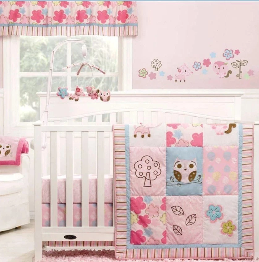 FULL CRIB SIZE - Graco Woodland Owls Pink NURSERY VALANCE & 2 PC BEDDING SET