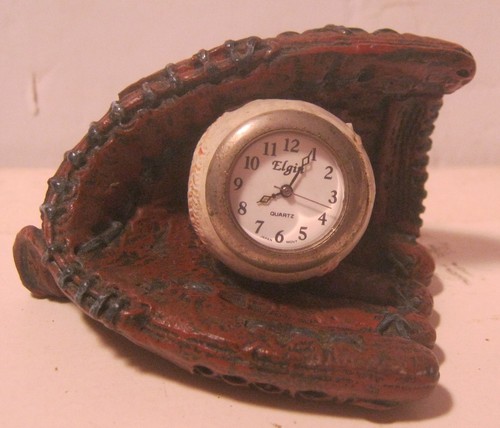 Miniature ELGIN Quartz Desk Clock BASEBALL GLOVE & BALL New Battery! NO RESERVE!