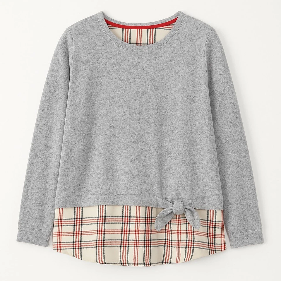 Izod 2-in-1 Sweatshirt Over Plaid Shirt Gray Red Cream Cotton Blend Sz XL - Image 3 of 4