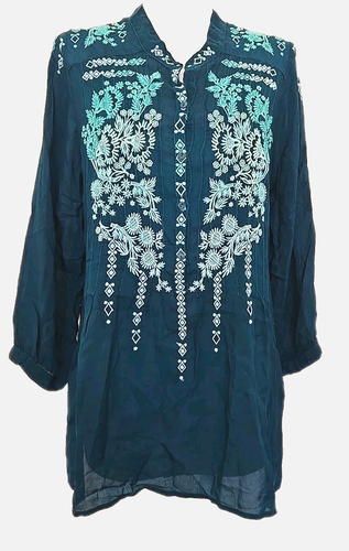 Johnny Was Dark Teal Blue Floral Embroidered Button Down Tunic Blouse size S - Picture 2 of 7