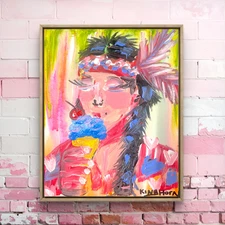 Original Painting Native American Girl Portrait with Ice Cream Bright 8" X 10"