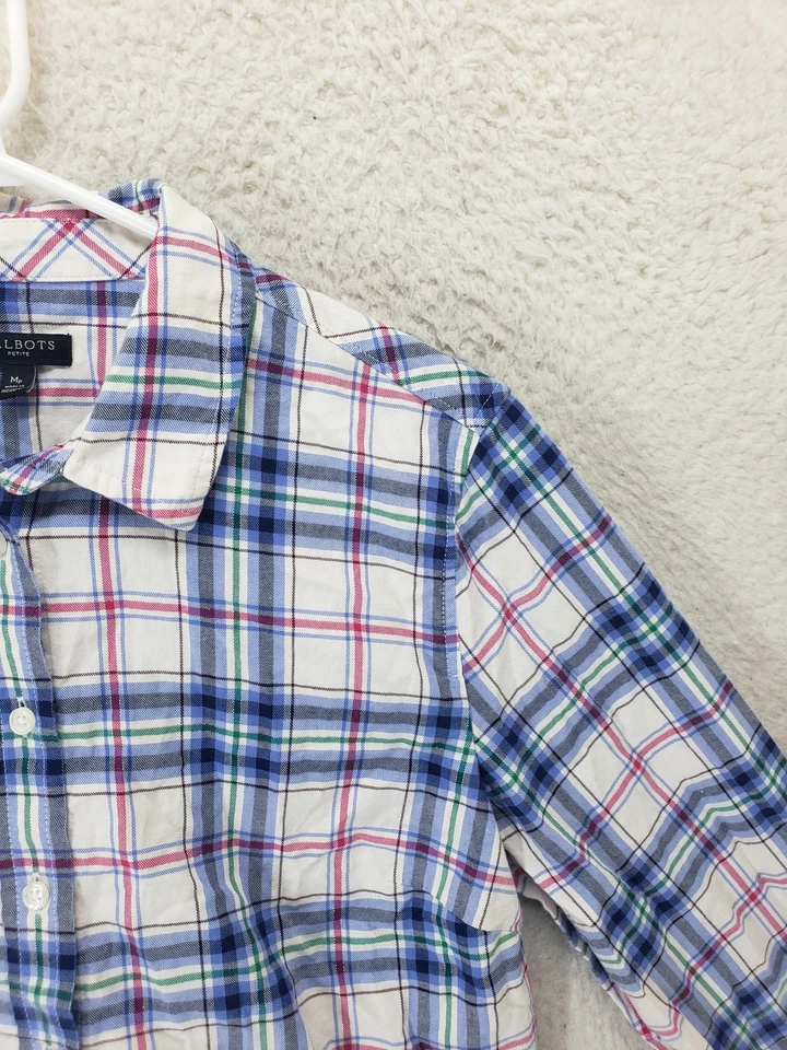 Top de pijama Talbots para mujer MP azul franela a cuadros con botones manga larga ropa de dormir Foto 3 de 4