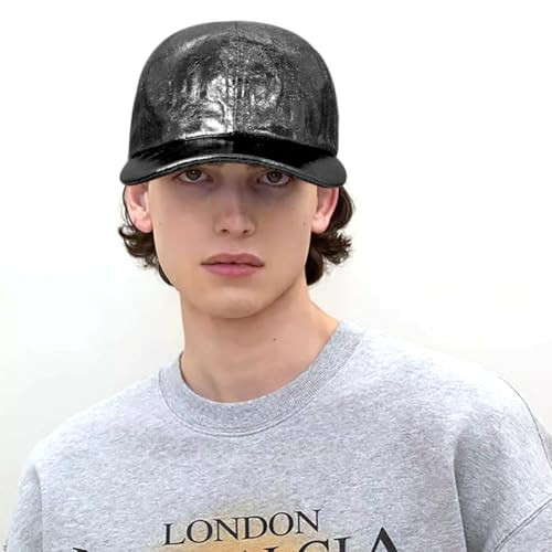 Baseball Cap for Women Men Shiny PU Leather Sun Hats Adjustable Hip Hop Black - Picture 7 of 7