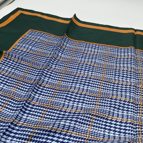 Vintage Silk Scarf Anne Klein Green Blue Gold Herringbone Plaid 35"x35" Square - Picture 7 of 9