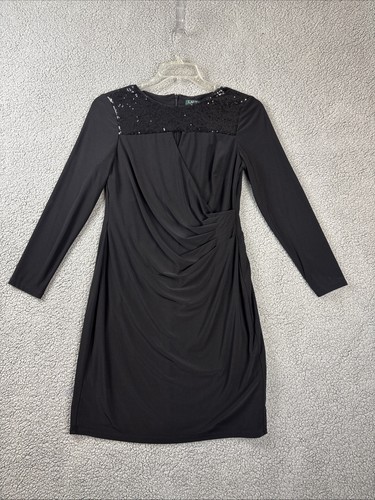 Lauren Ralph Lauren Sequin Bodice Side Ruched Black Evening Dress  Formal Sz 12p - Picture 1 of 14