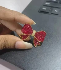 14K Yellow Gold Plated 3Ct Round Cut Lab Created Red Ruby Ribbon Brooch Pendant