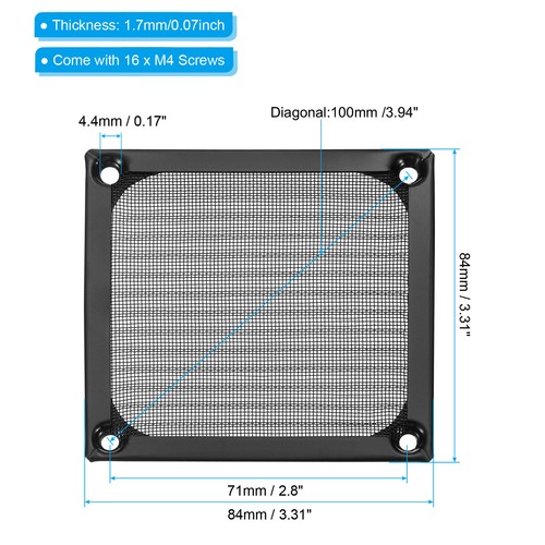 4Pcs 84mm Fan Filter Grills w Screw Aluminum Frame Stainless Steel Mesh Black - Afbeelding 2 van 6