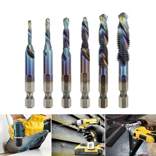 6x M3-M10 Composite Hex Shank HSS Metric Screw Thread Blue Tap Drill Bit Set Kit - Bild 4 von 10