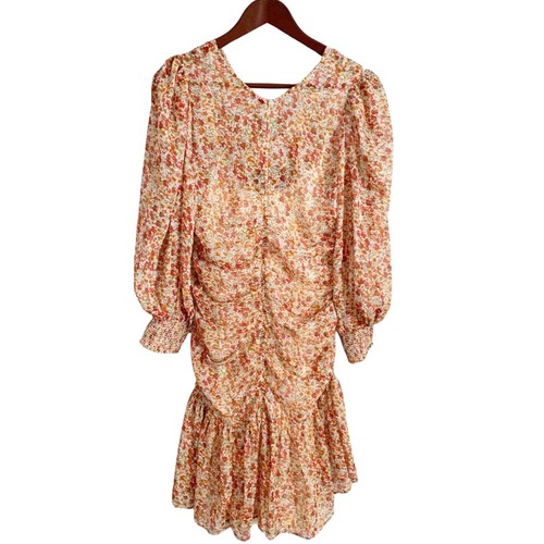 byTiMo Chiffon Rouch Mini Dress Sheer Flowers Small Orange NWT - Picture 4 of 11