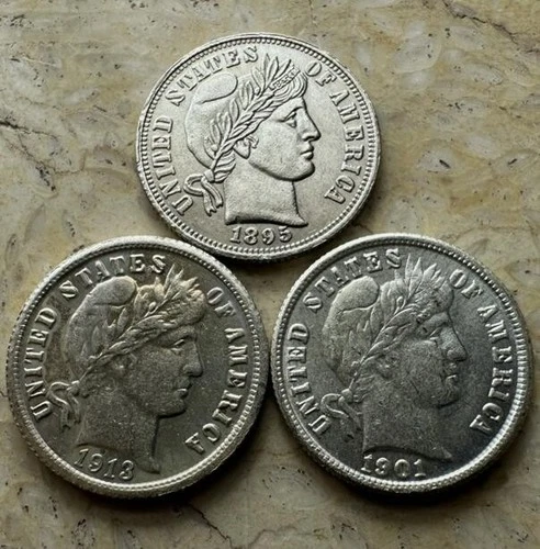 Lot of 3 1895-O 1901-S 1913-S Barber Dime Silver 10C Key Date Coin