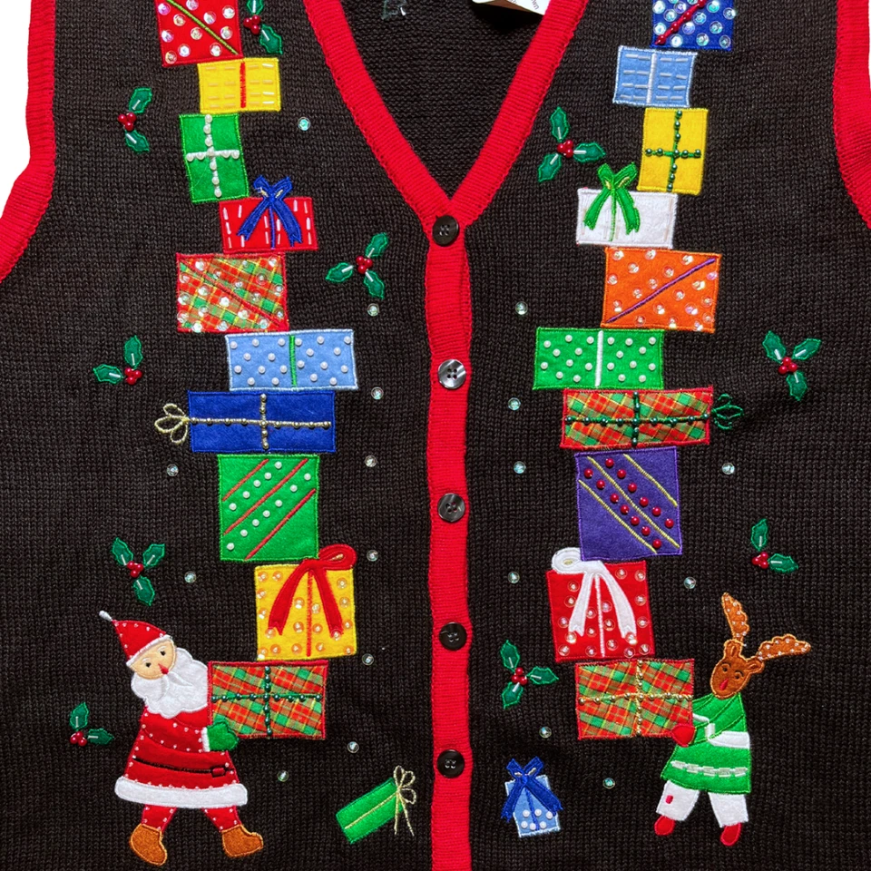 Chaleco Suéter Navidad Bordado Vintage 4X Cuentas Tejido Vacaciones Navidad Santa Foto 3 de 4