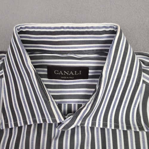 Canali Shirt Mens 41/16 Long Sleeve Dress Gray Blue White Striped Made in Italy - Picture 4 of 14