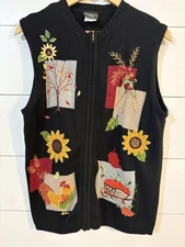Southern Lady Sweater Vest Womens Medium Fall Thanksgiving Sunflower Rooster Nov