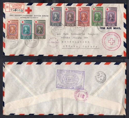 CURACAO 1944 Red Cross Semi-Postal Airmail FDC Cover to Canada. Censored