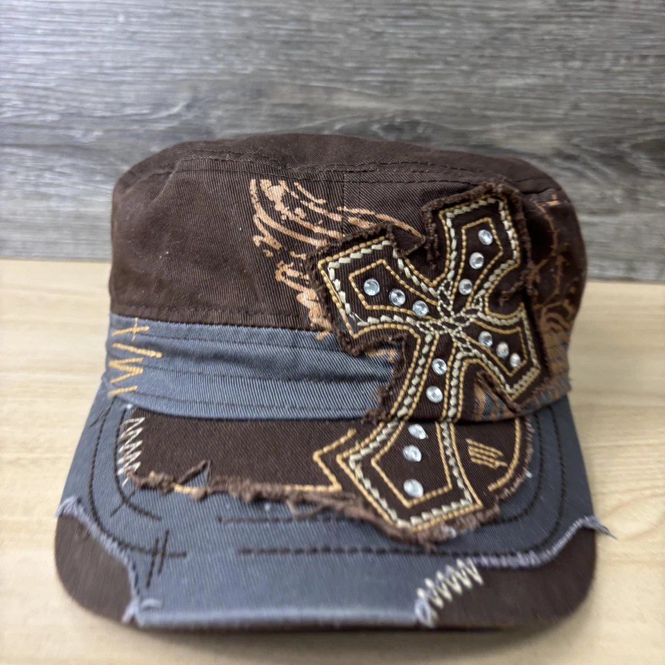 Gorra Leader ajustada para mujer talla única marrón gris cruz estrás cadete militar Foto 2 de 4