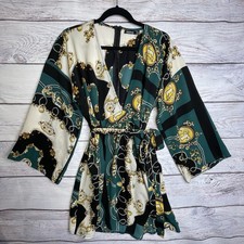 Boohoo Baby Doll Dress Size 12 Plunge Chain Print Skater Equestrian BOHO