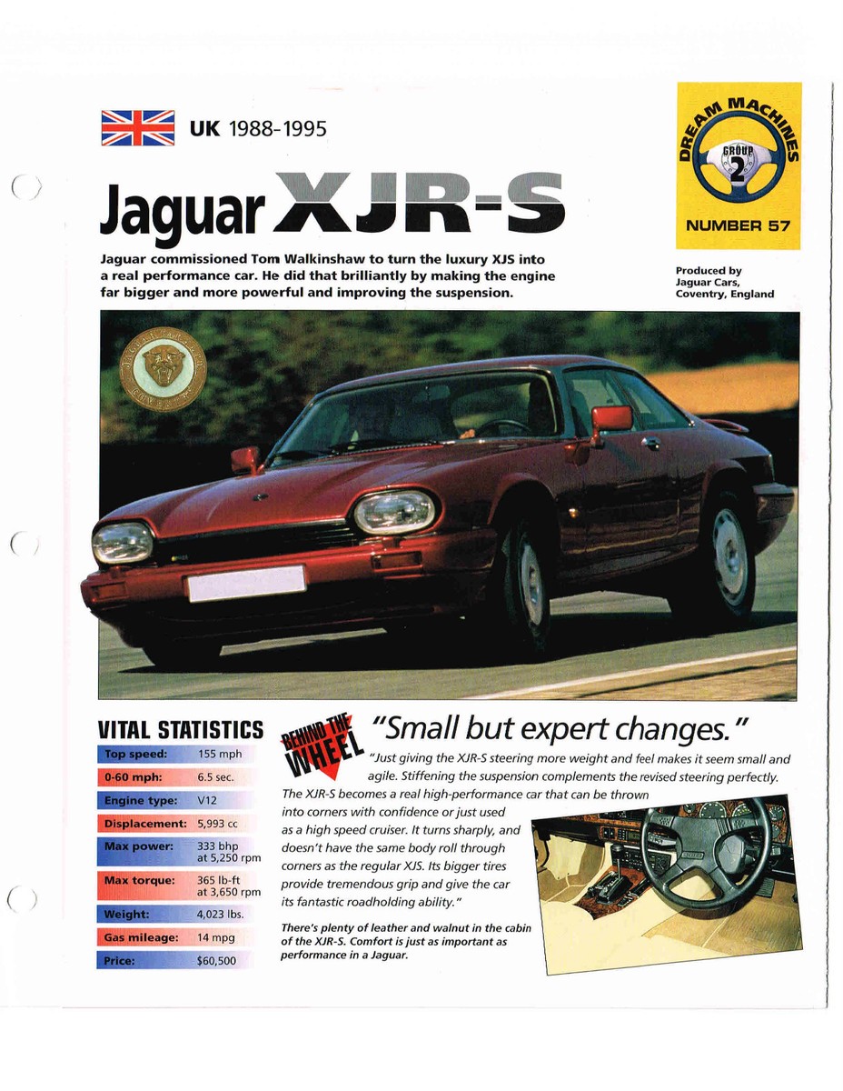 1991 / 1992 / 1993 JAGUAR XJR-S SPEC SHEET / Brochure