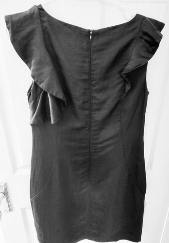 OASIS Size 10 Black Side Frill Fitted Dress Linen Cotton Blend Mini Party Event - Picture 7 of 12