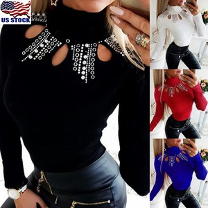 Women-Hollow-Out-Long-Sleeve-Top-Shirt-Ladies-Turtleneck-Blouse-T-Shirt-Pullover