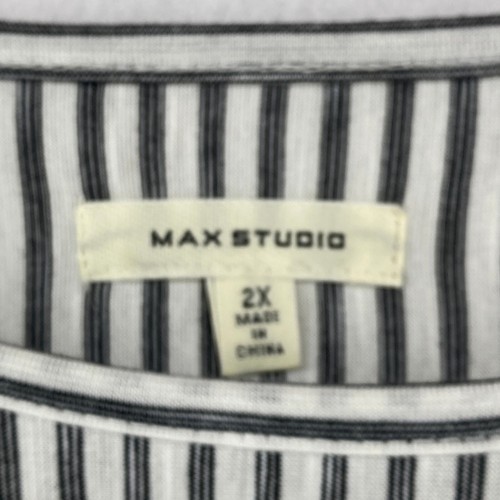MAX STUDIO Top 2X Plus Jersey Tie Cuff 3/4 Sleeve Stretch Striped Black White - Picture 8 of 13