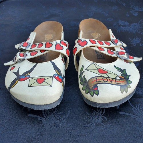 Cella Clog Shoes Women's SIze 38 7-8 White Birds Hearts Love Letter Cross Strap - Picture 3 of 15