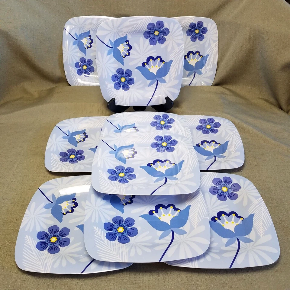 Juego de 11 platos de cena cuadrados azules florales de plástico ligero juego de 11 piezas Foto 3 de 4