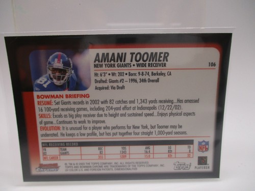 2003 Bowman Chrome #106 Amani Toomer GIANTS - Picture 2 of 2